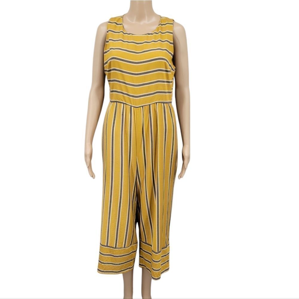 P. Cill Striped Yellow Jumpsuit Sleeveless Cropped Rayon Cotton Boho Summer
